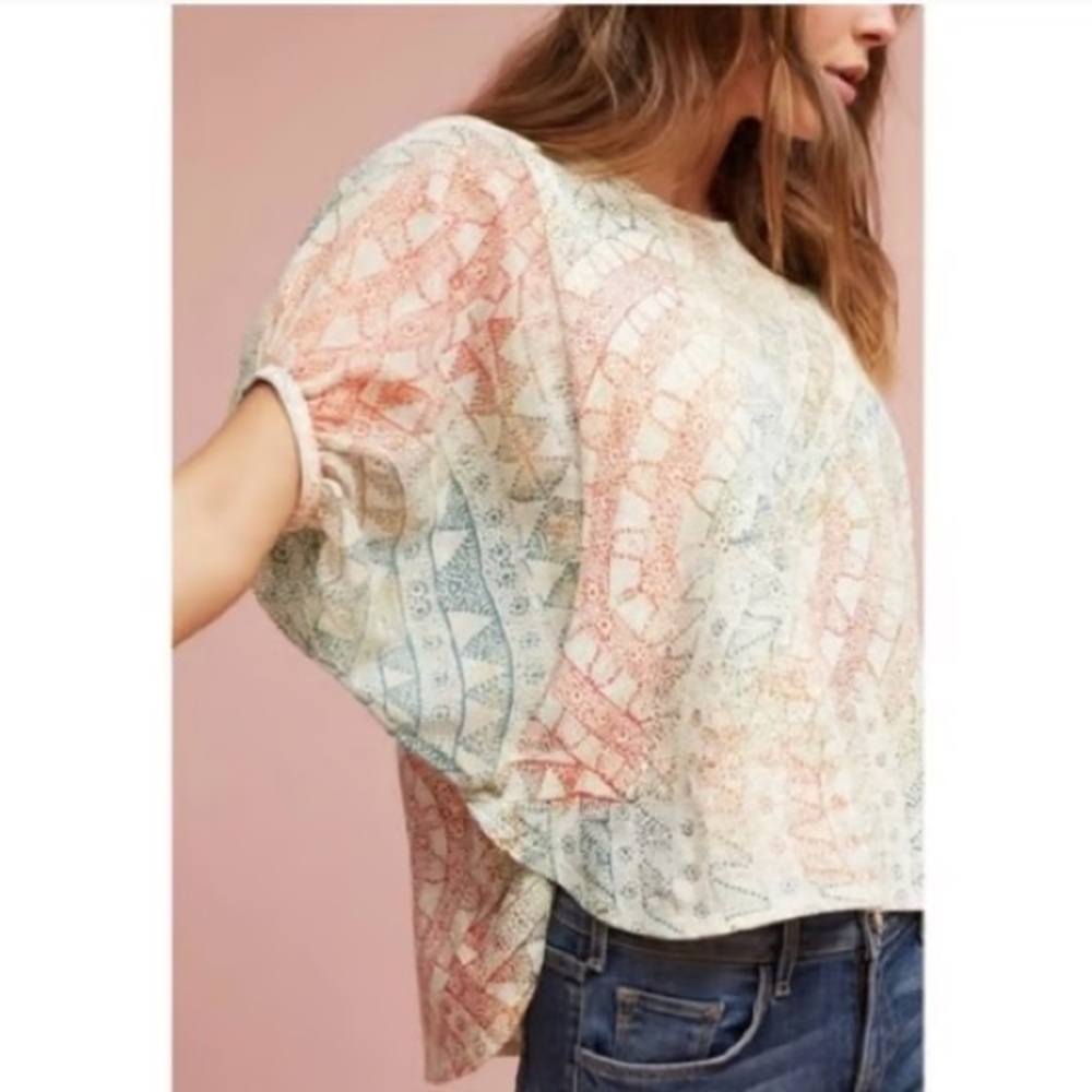 Anthropologie Eri + Ali Briony Batwing Sleeve Top Green, Orange, Blue and Ivory - Picture 2 of 16